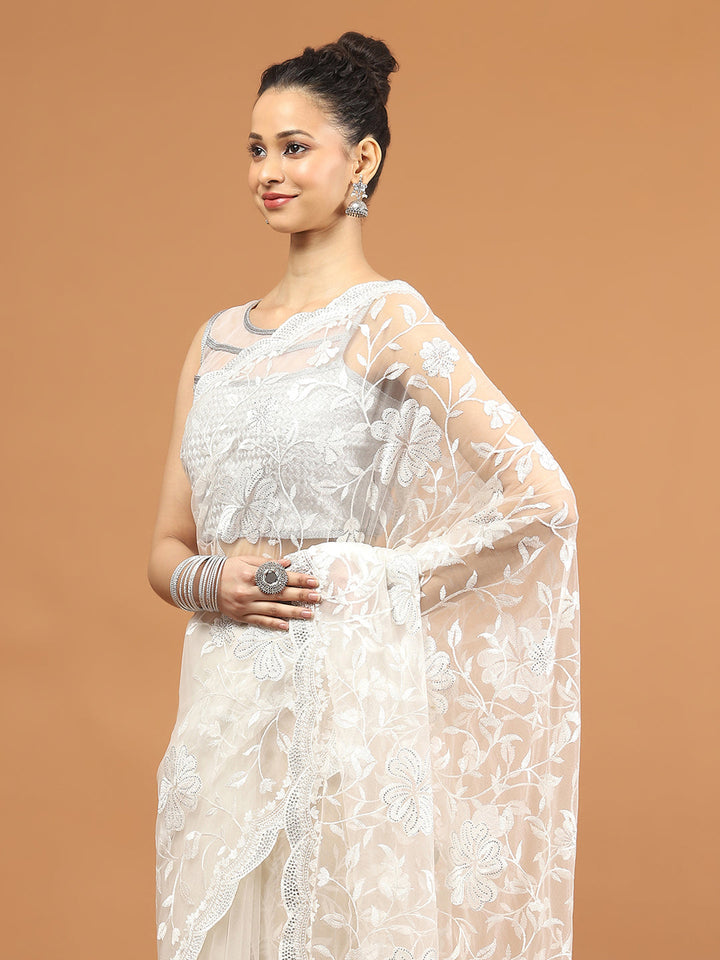 Sequence Embroidery Net Saree