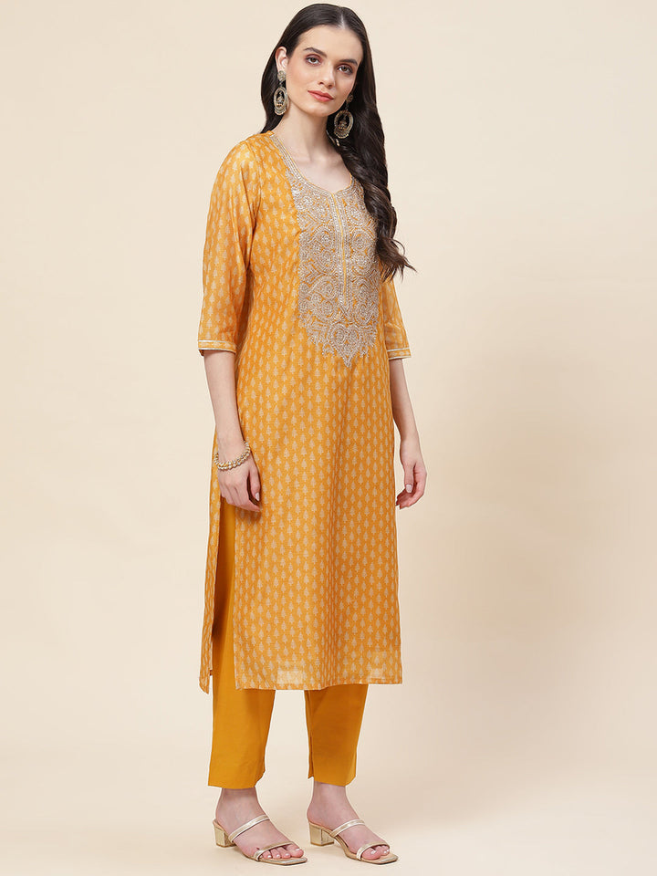 Printed &amp; Neck Embroidered Chanderi Kurta With Pants &amp; Dupatta