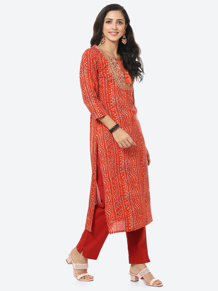 Yoke Embroided Bandhani Printed Cotton Kurti