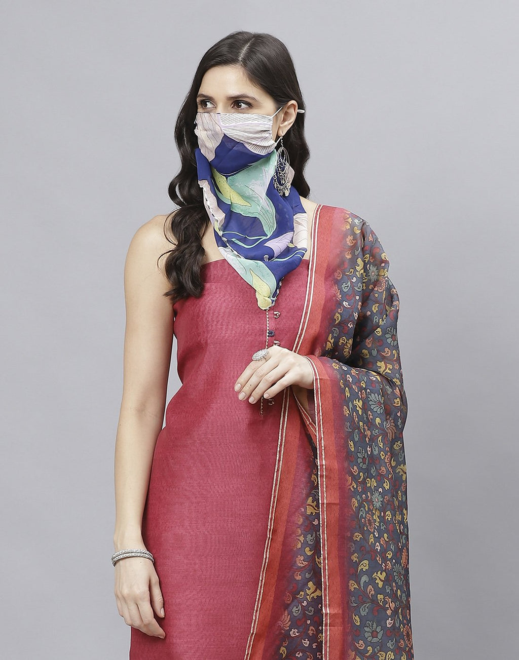Embroidered Chanderi Suit Piece With Printed Chanderi Dupatta And Scarf