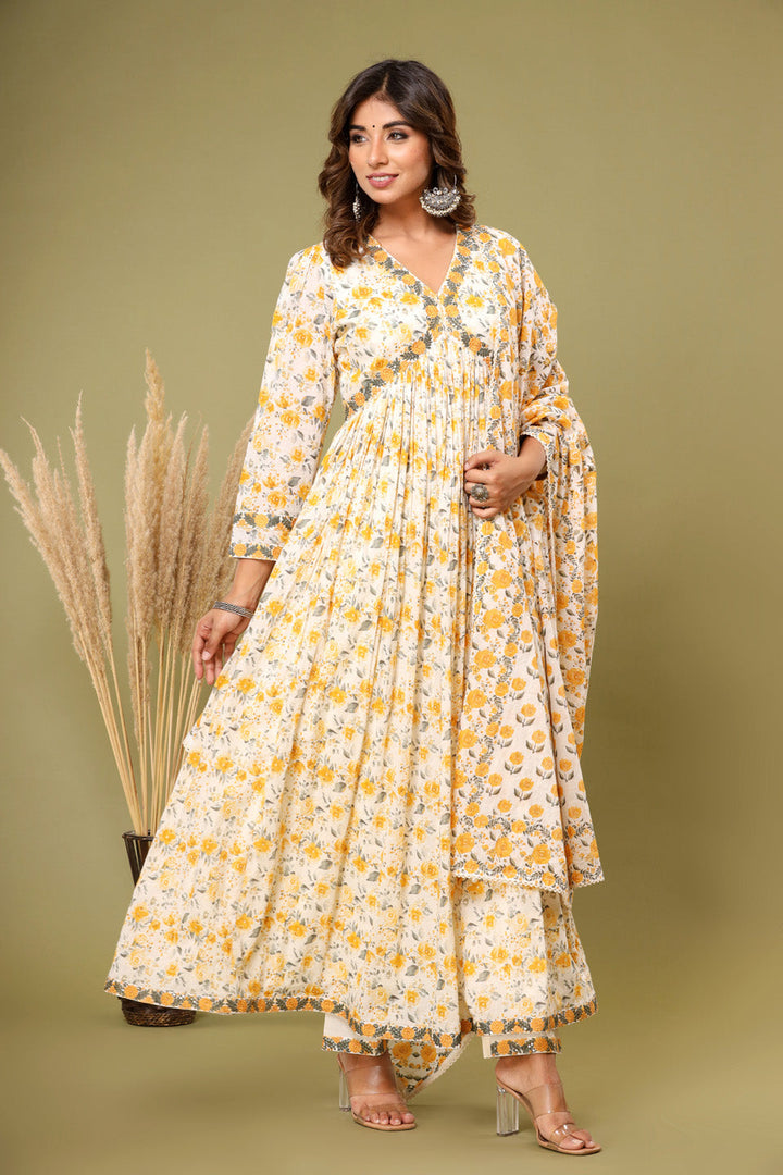 Floral Printed Cotton Kurta With Pants &amp; Dupatta
