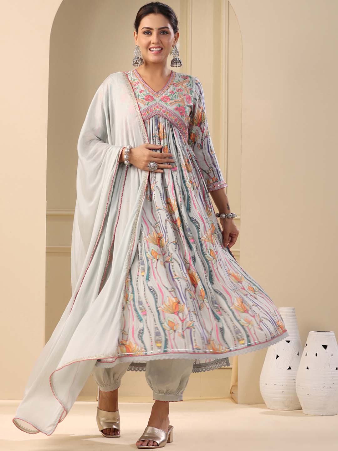 Printed Cotton Kurta With Pants &amp; Dupatta