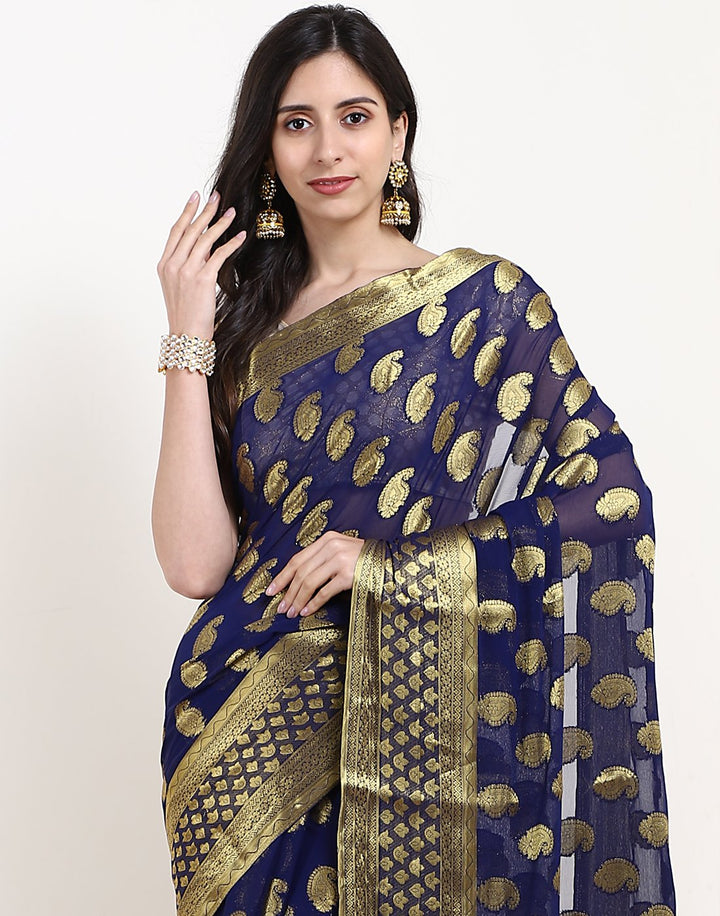 Navy Blue Art Chiffon Saree