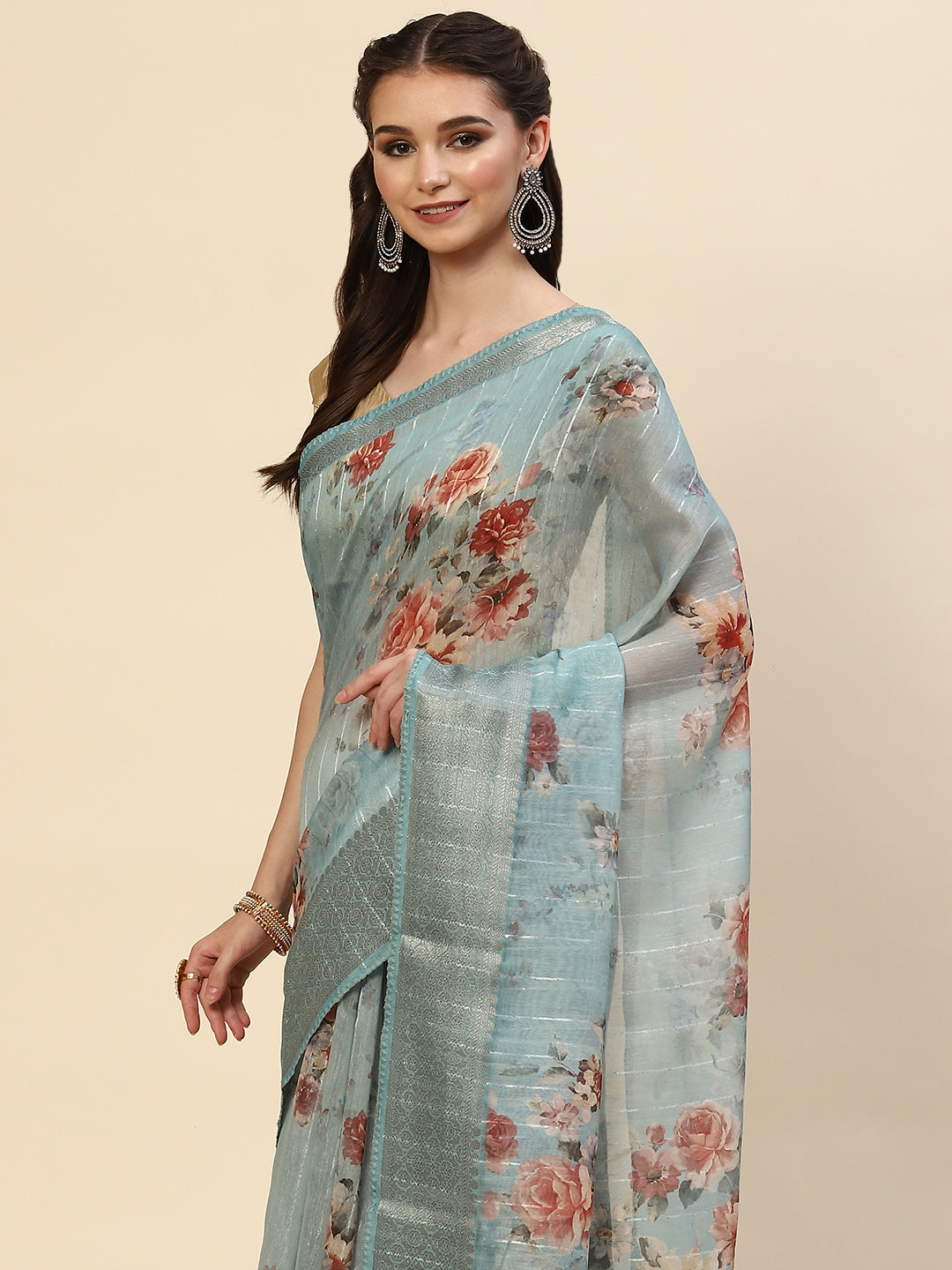 Digital Floral Printed Sequin Cotton Saree