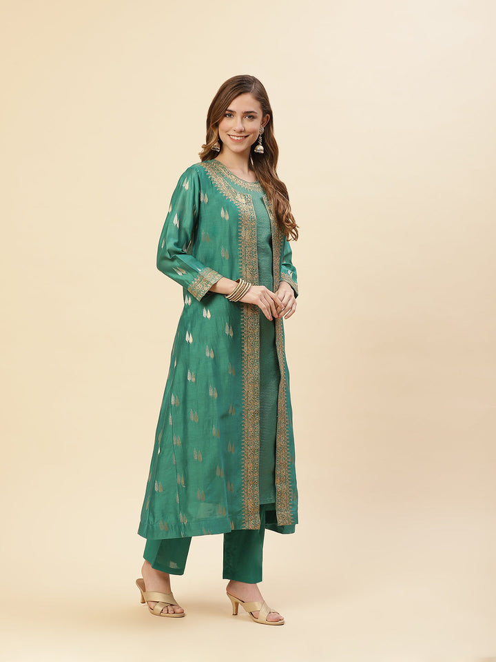 Embroidered Chanderi Kurti With Jacket And Pant