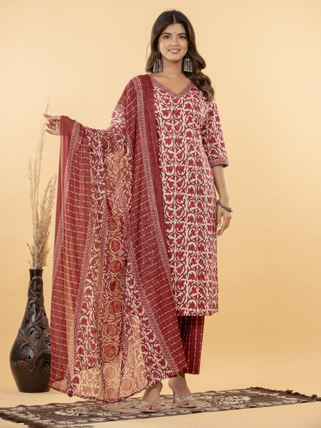 Red Embroidered Cotton Blend Straight Suit Set With Dupatta