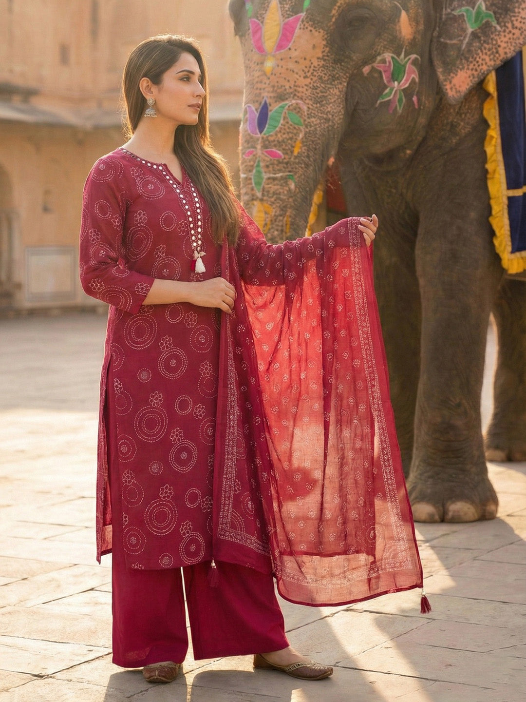 Pink Cotton Blend Printed Straight Suit Set