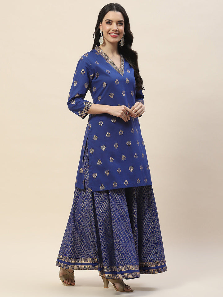 Printed Neck Patti Cotton Kurta With Skirt