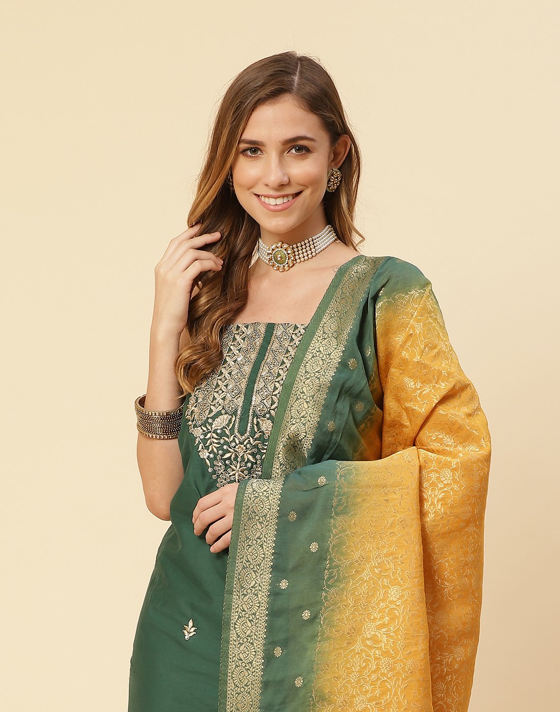 Embroidered Chanderi Suit Piece With Chanderi Banarasi Dupatta