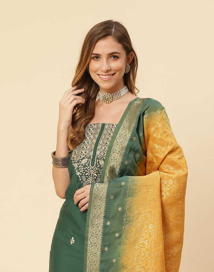 Embroidered Chanderi Suit Piece With Chanderi Banarasi Dupatta