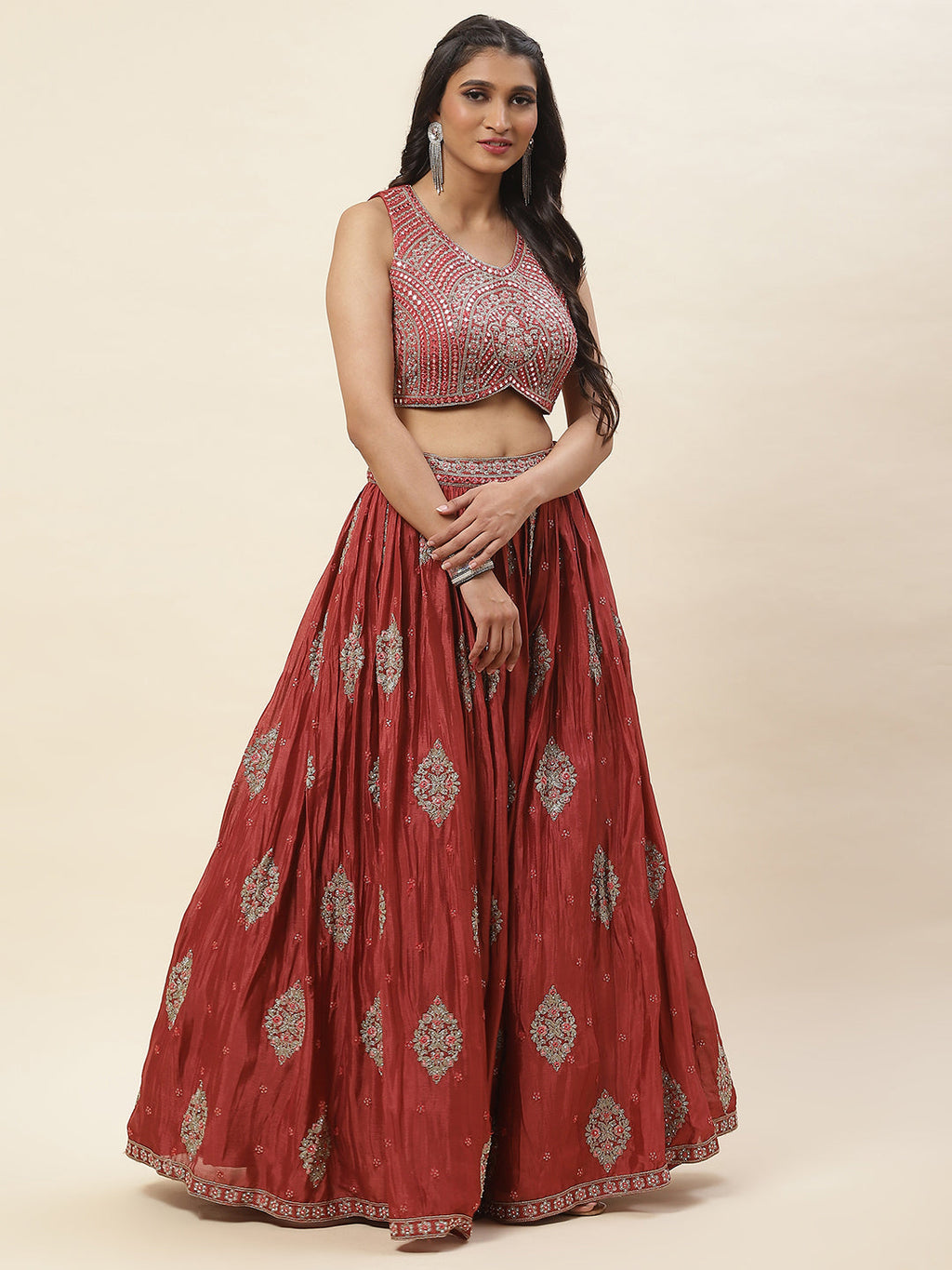 All Over Embroidered Crepe Choli With Lehenga & Dupatta