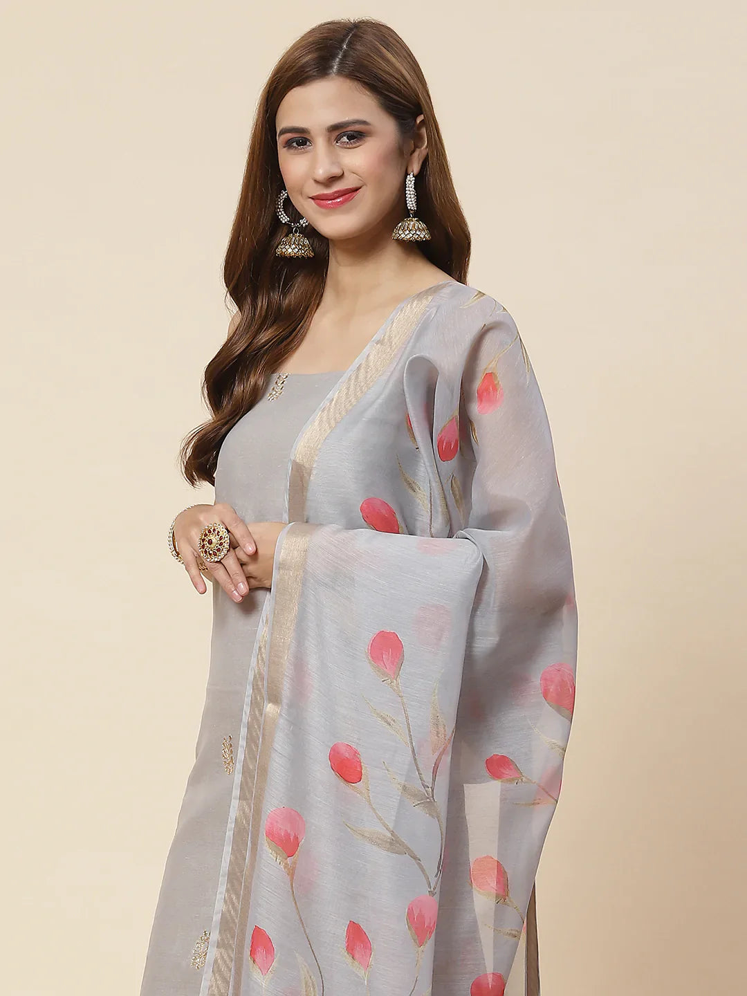Embroidered Chanderi Unstitched Suit Piece With Floral Dupatta