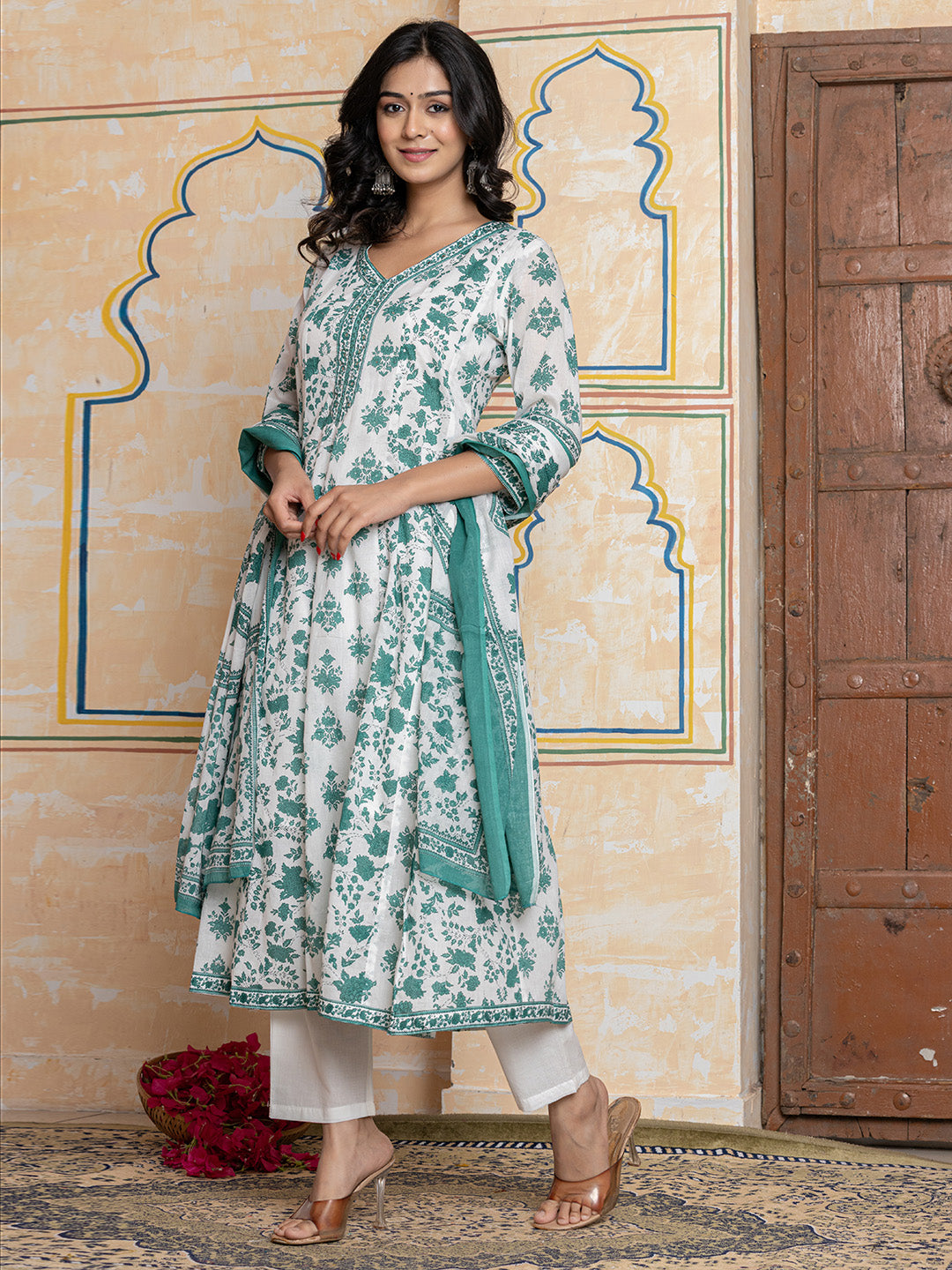 Printed Cotton Blend Kurta With Pants &amp; Dupatta