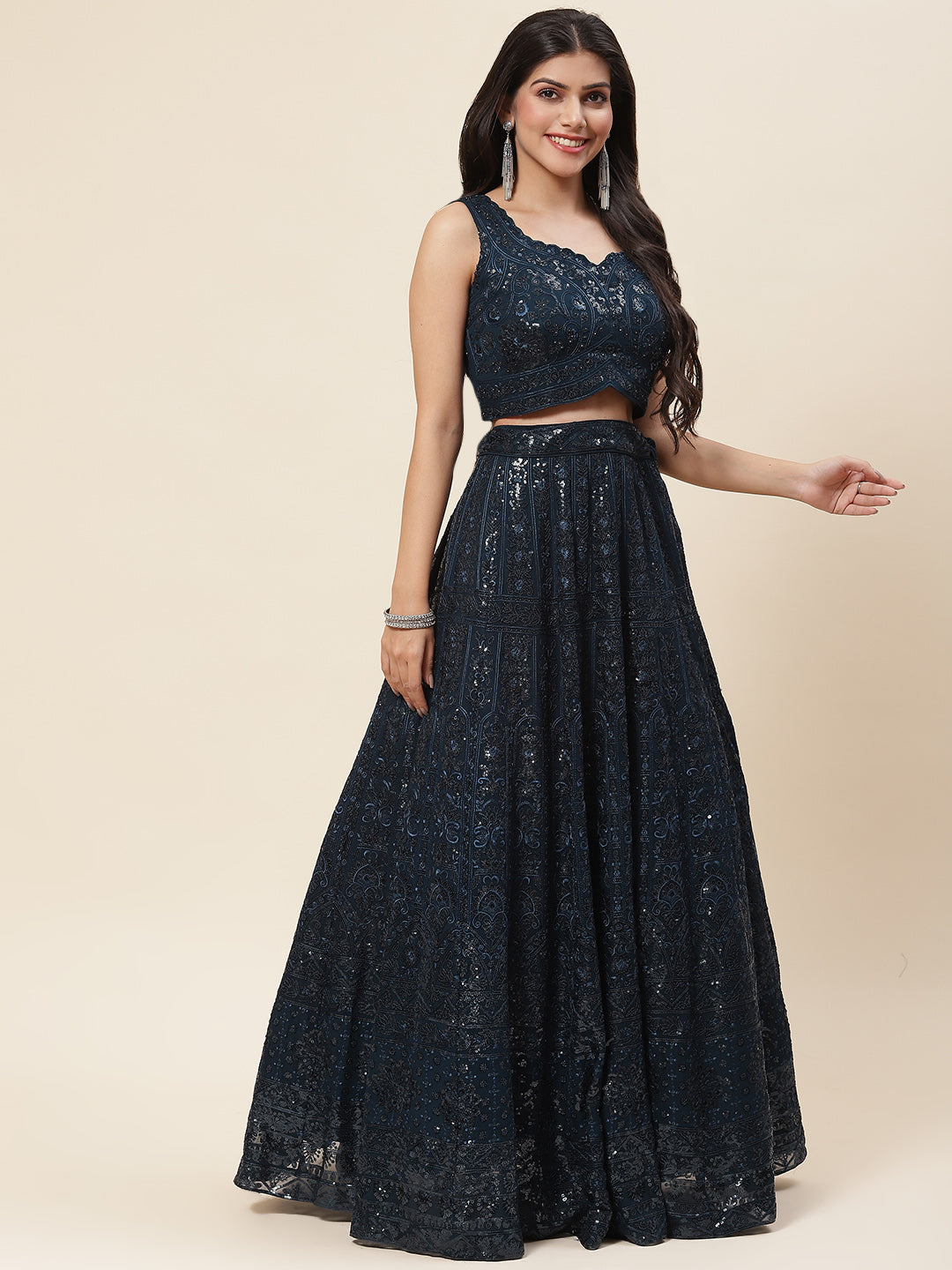 Sequin Embroidered Georgette Choli With Lehenga &amp; Dupatta