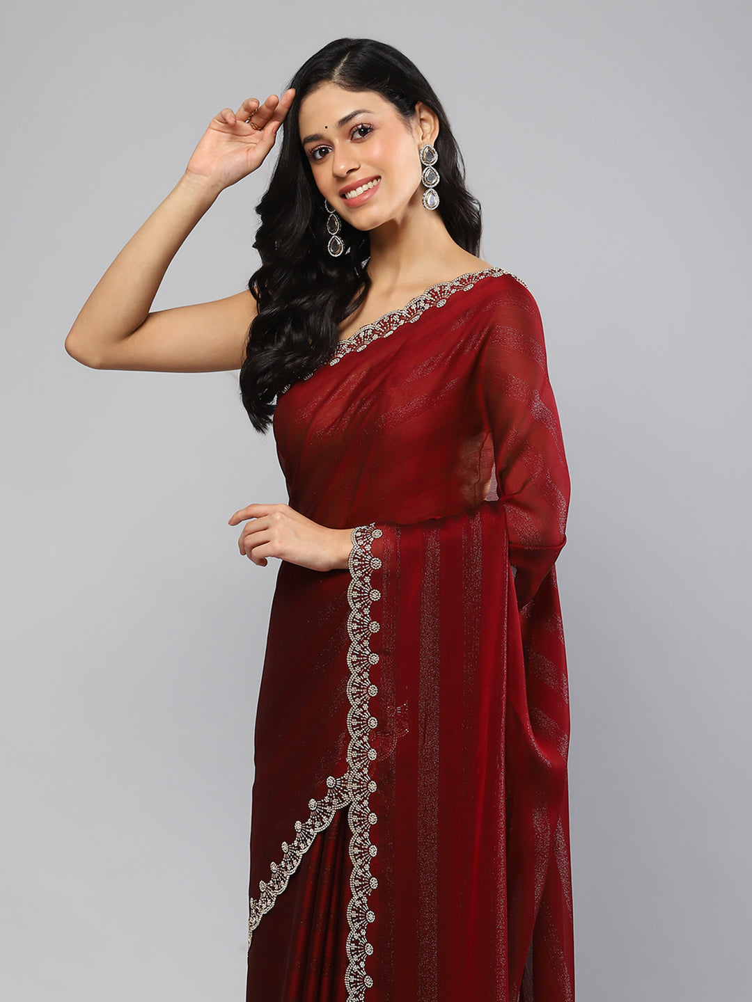 Swarovski Border Art-Chiffon Plain Saree