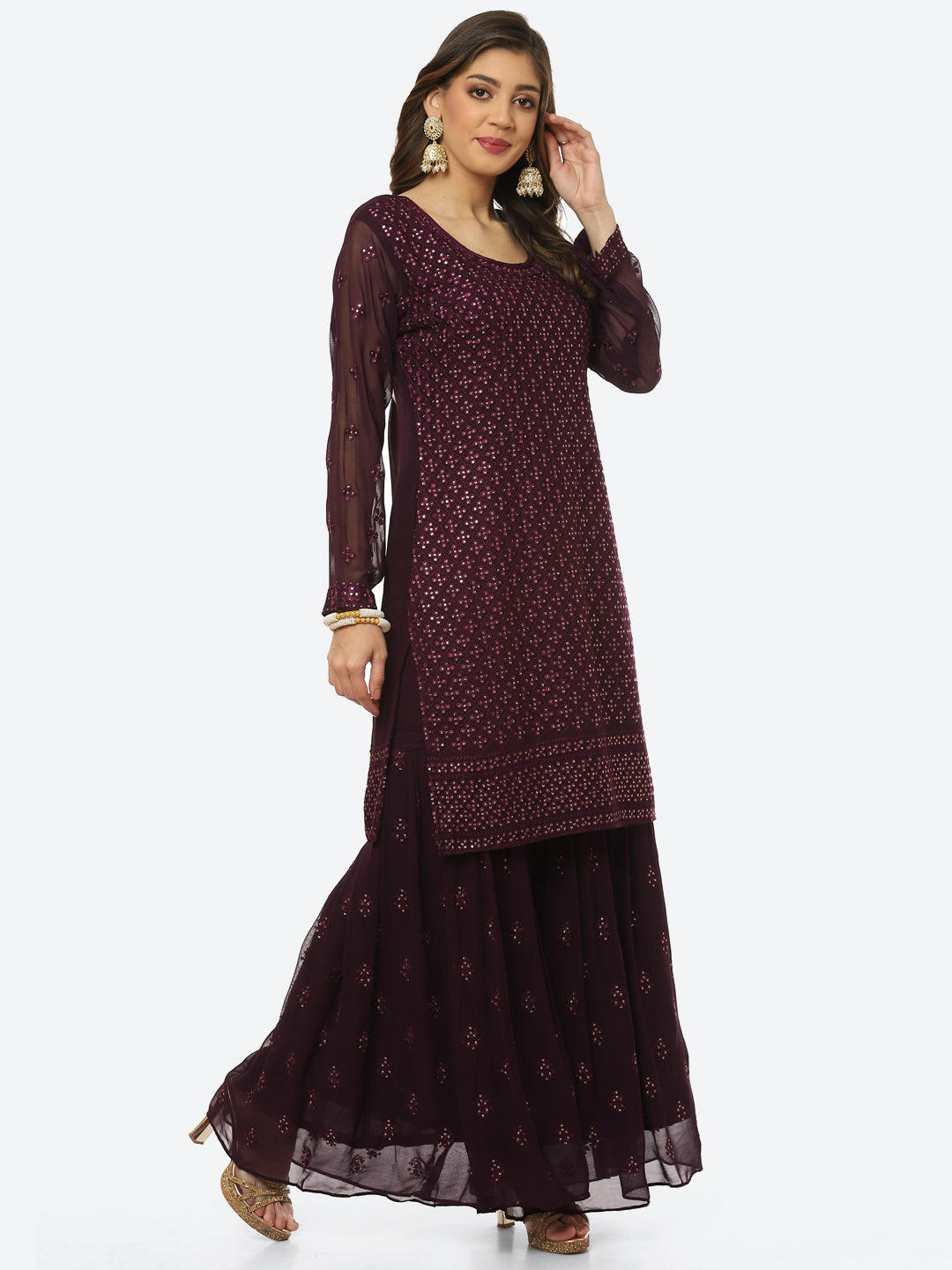 Resham Sequin Booti Georgette kurti With Garara &amp; Dupatta