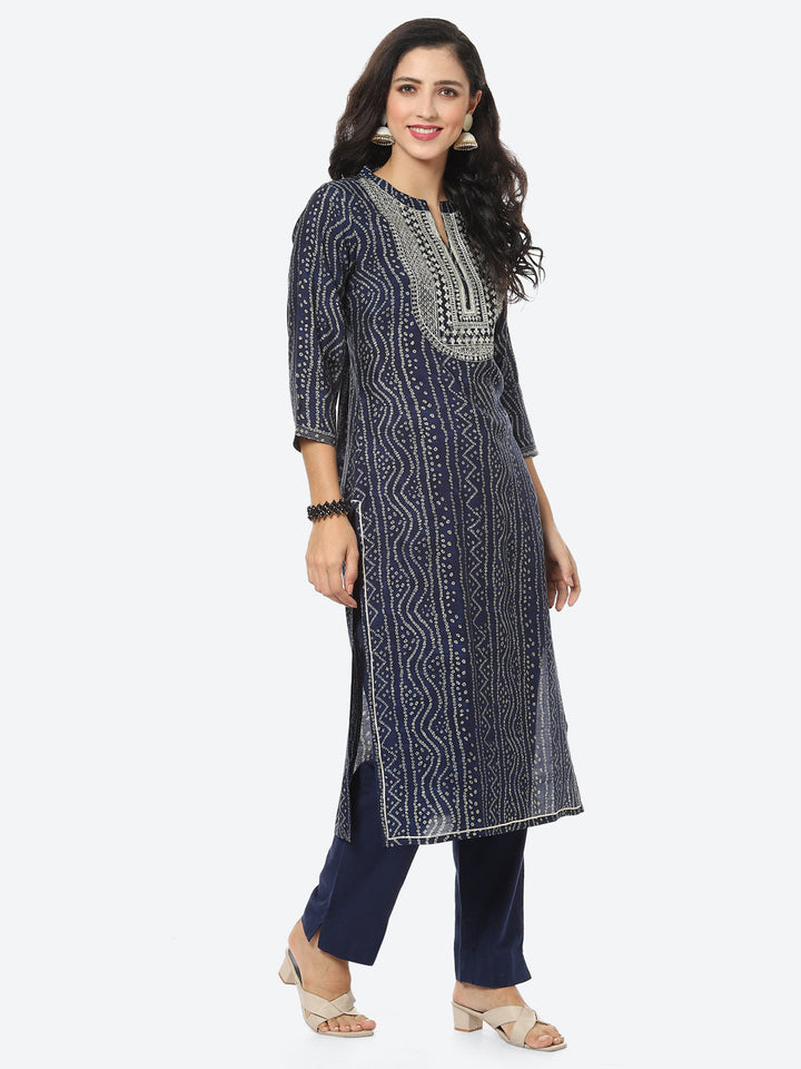 Zari Embroidered Bandhej Printed Muslin Kurti With Pant