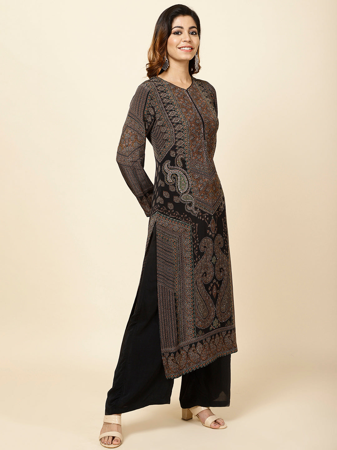 Digital Printed Crepe Kurta With Palazzo &amp; Dupatta