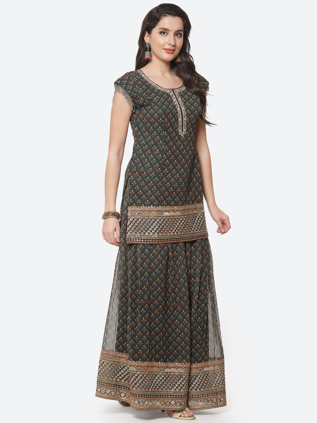Printed Zari Border Booti Georgette Stitched Salwar Kameez With Net Dupatta