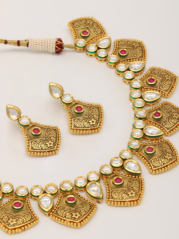 Gold Plated Kundan Necklace With Earrings