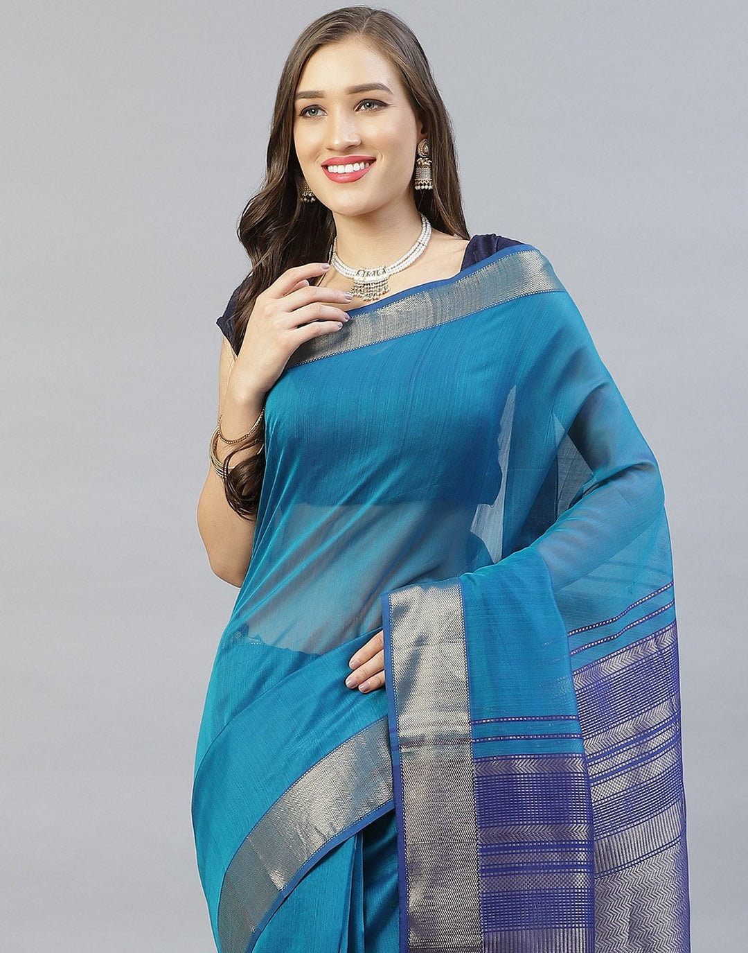 Woven Cotton Pink and Lake Blue Saree