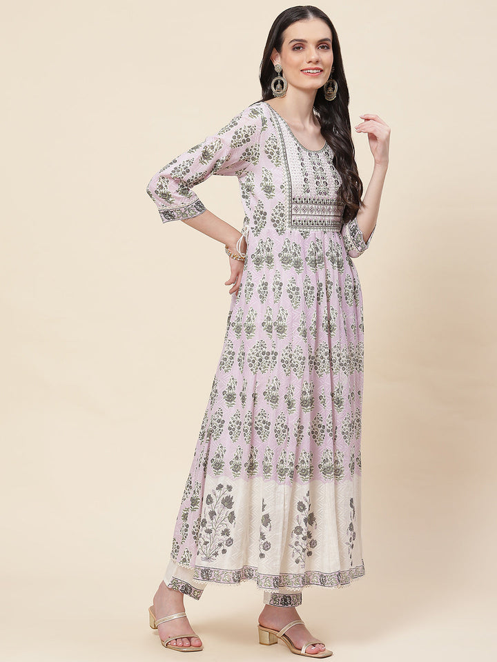 Floral Printed Cotton Kurta With Pants &amp; Dupatta