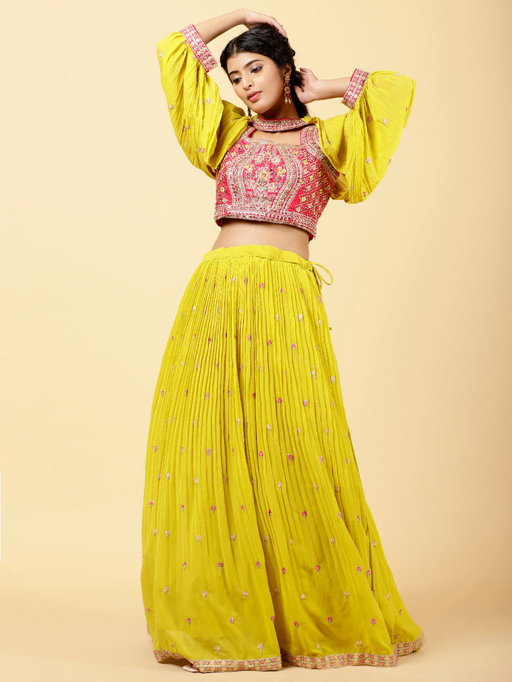 Embroidered Georgette Choli With Lehenga &amp; Cape