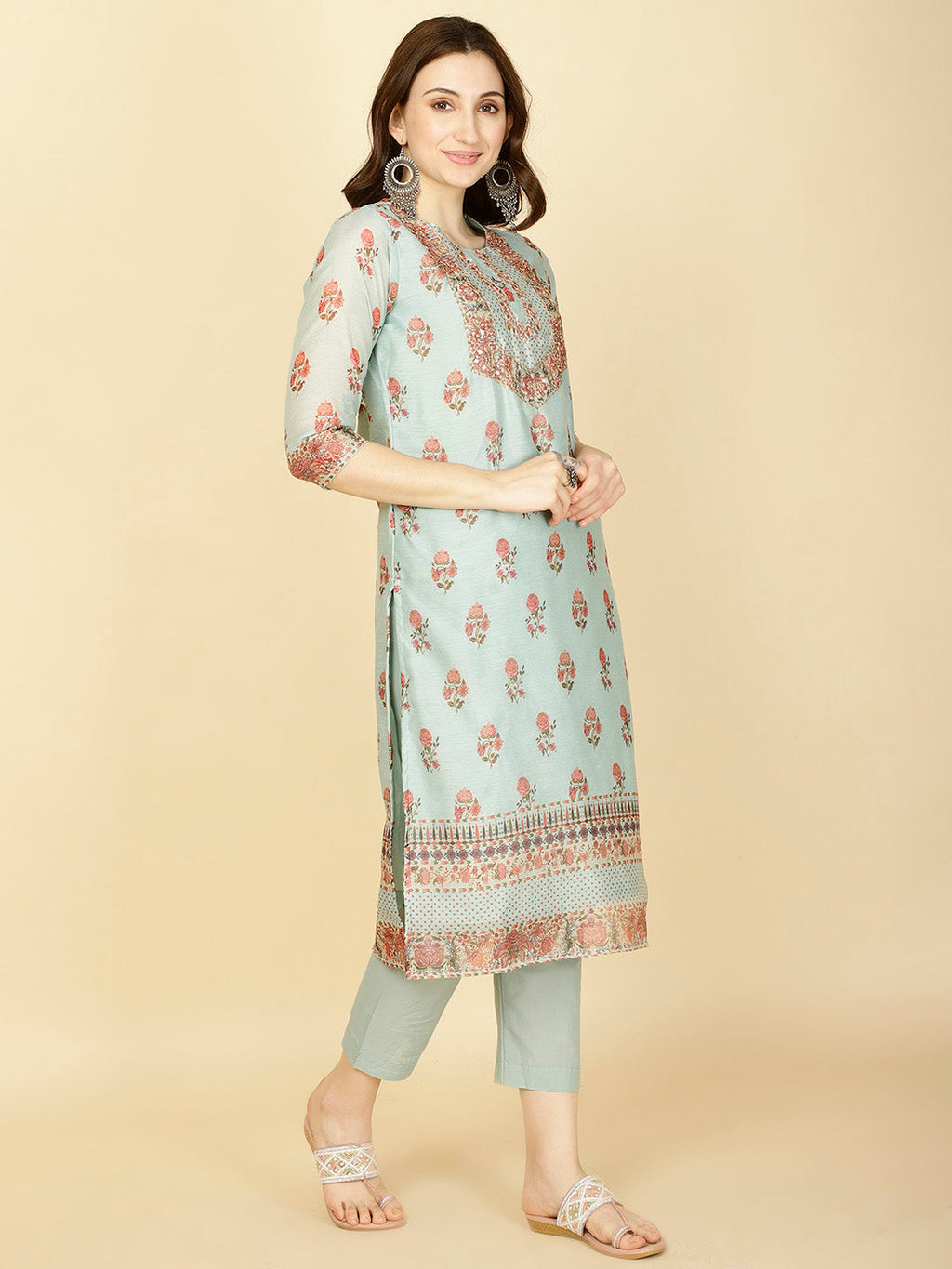 Floral Printed Chanderi Kurta With Pants & Dupatta