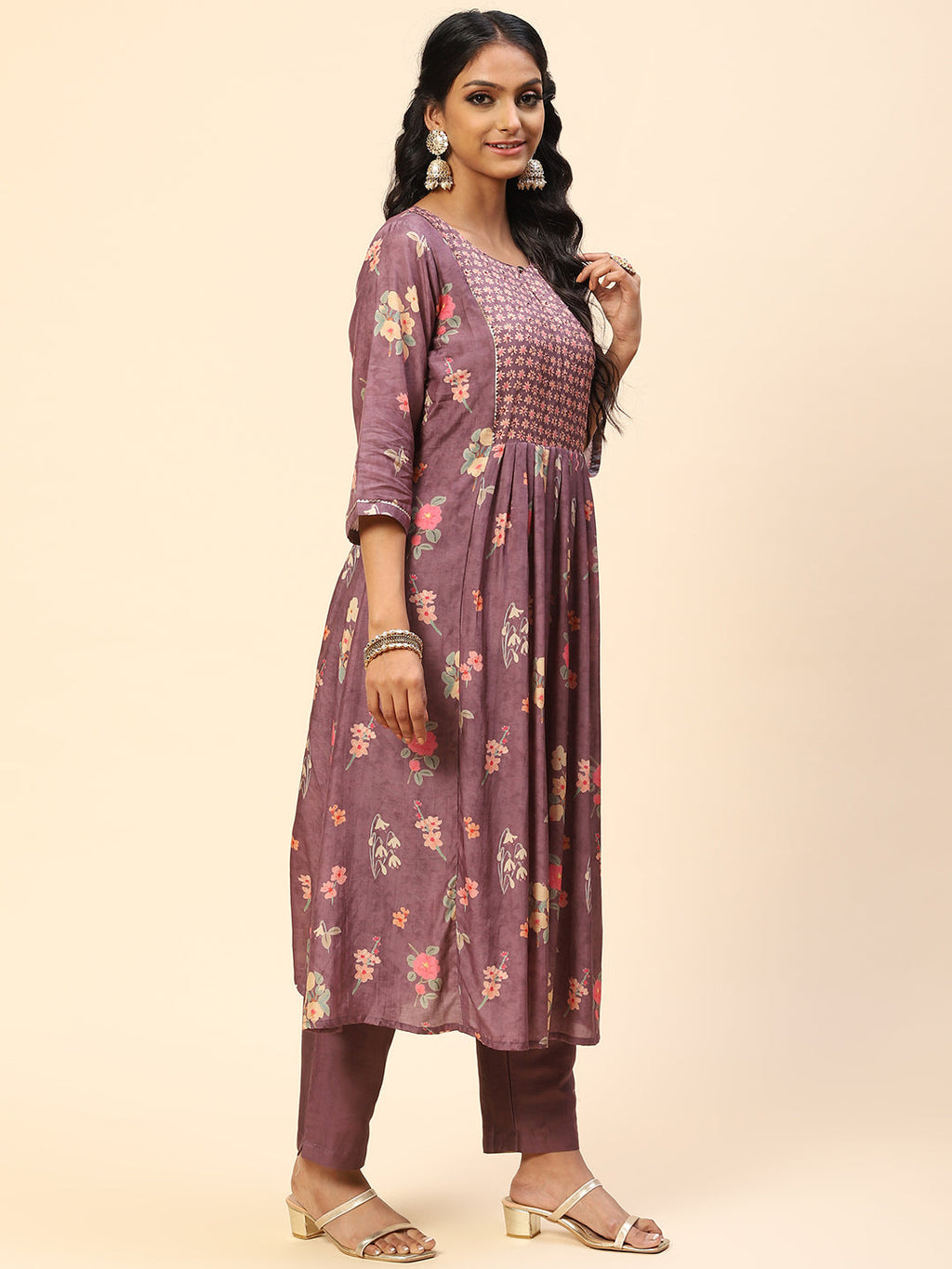 Floral Printed Embroidered Cotton Kurta With Pants