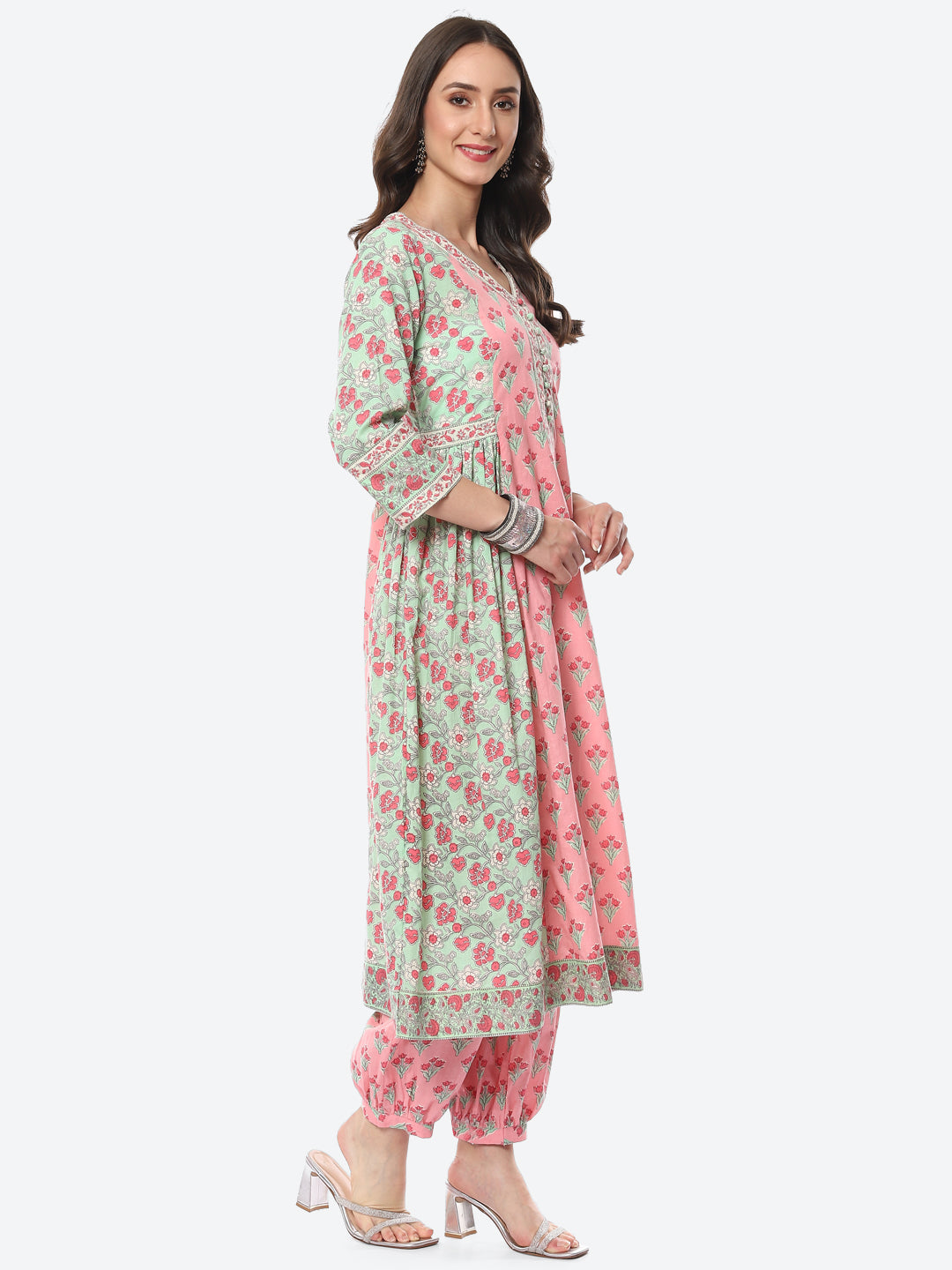 Floral Printed Cotton Kurta With Afgani Pant