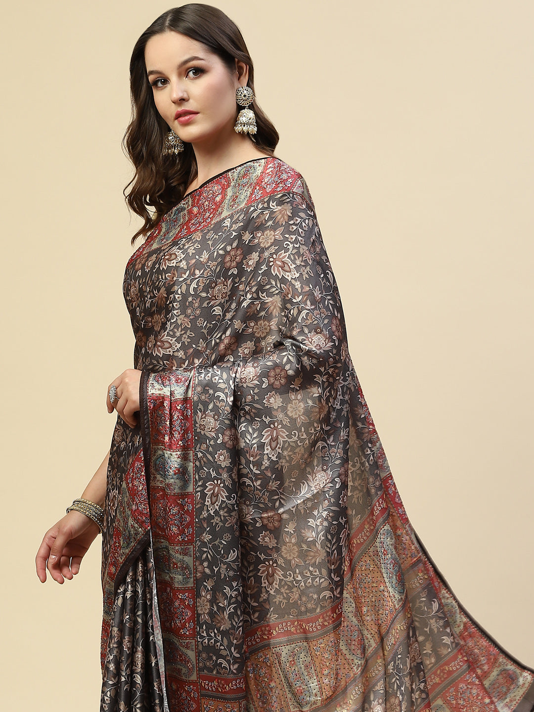 Floral Printed Satin Saree