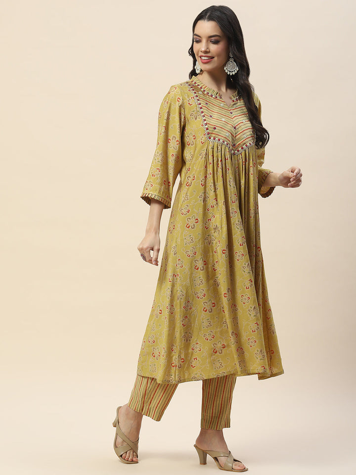 Yoke Embroidery Cotton Kurta With Pants