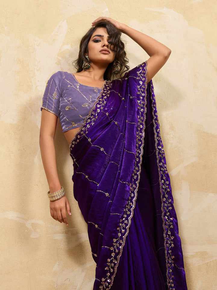 Embroidered Satin Velvet Saree
