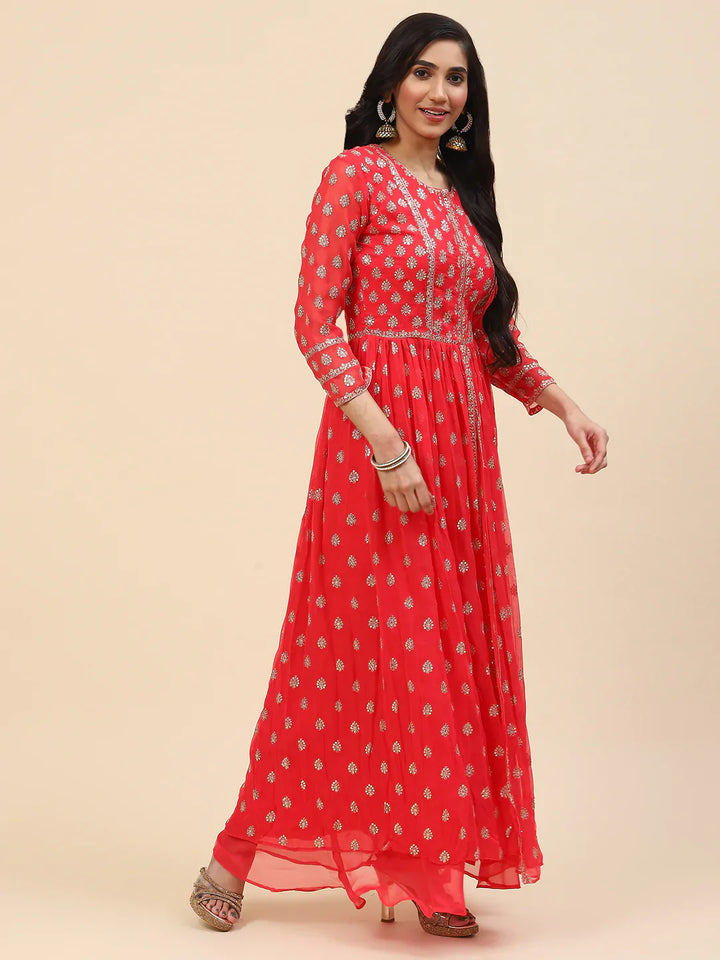 Sequin Embroidered Georgette Kurta With Sharara &amp; Dupatta