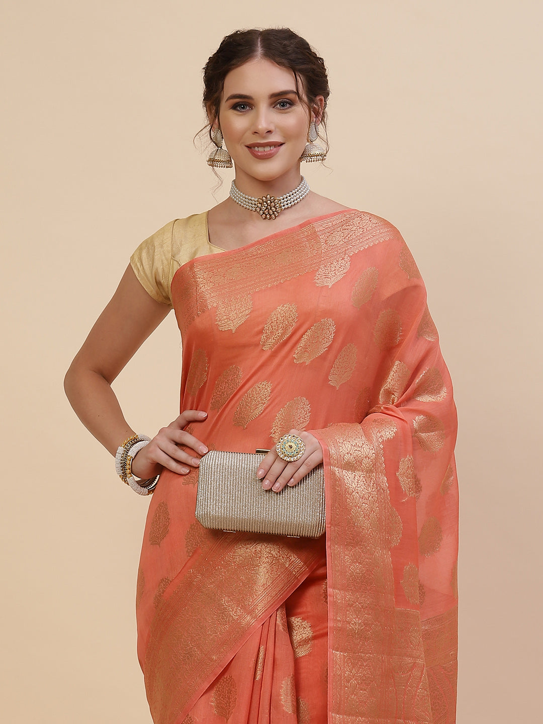 Zari Border Booti Cotton Woven Saree