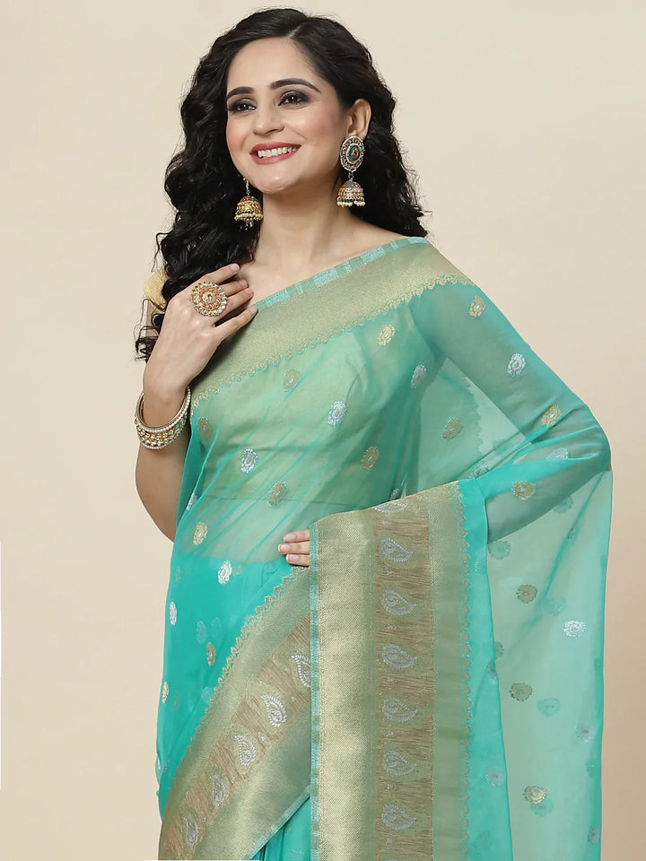 Zari Border Booti Organza Woven Saree
