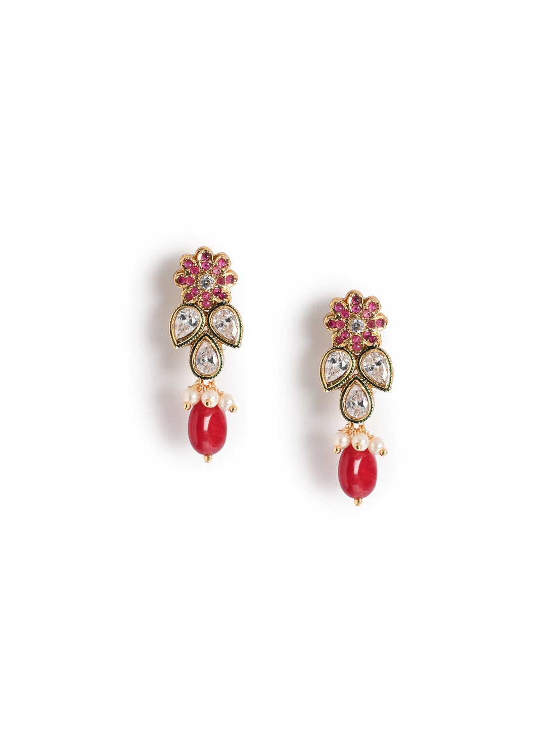 Golden &amp; Maroon Kundan Necklace Set With Earrings