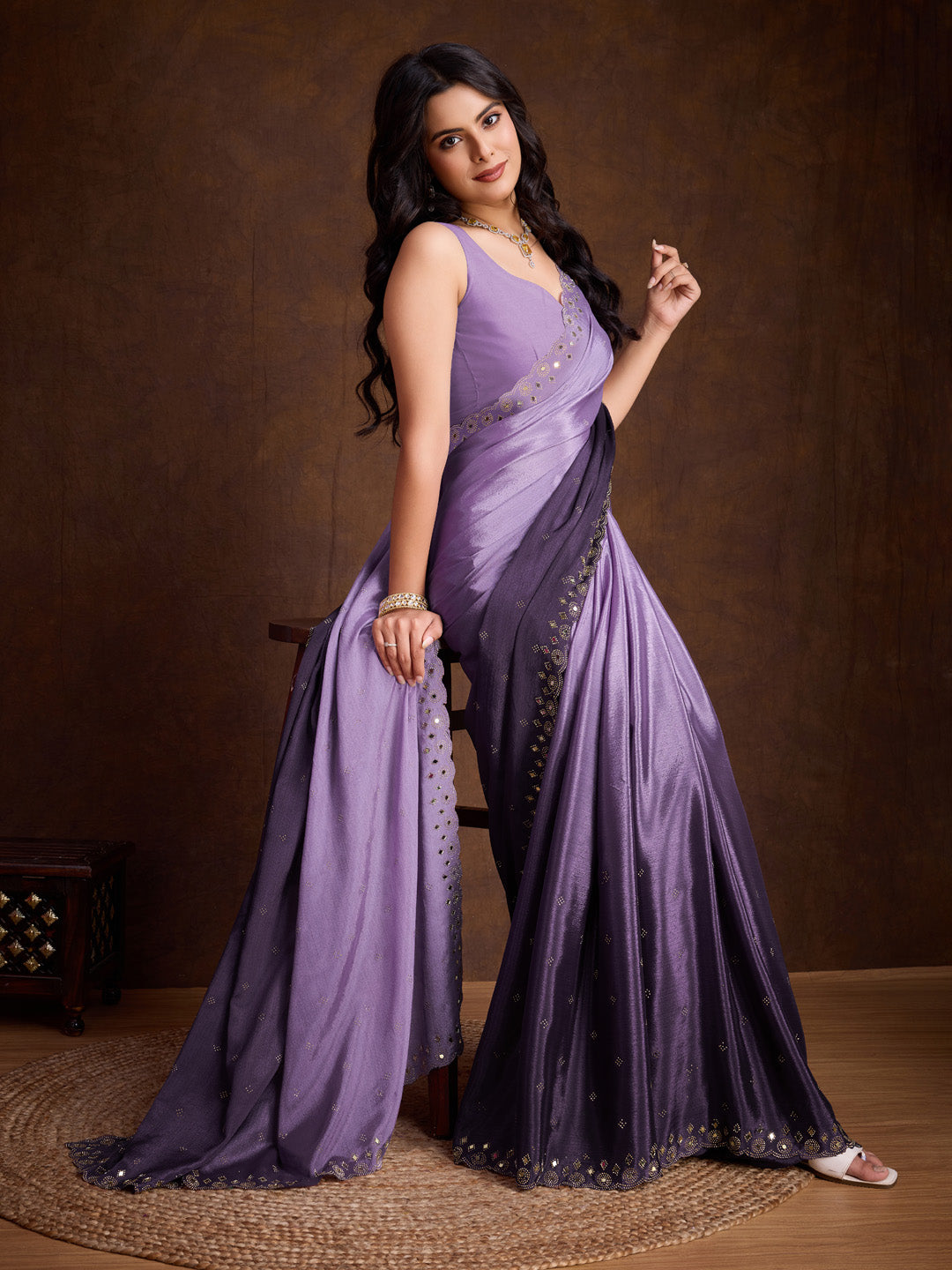 Embroidered Chinon Saree