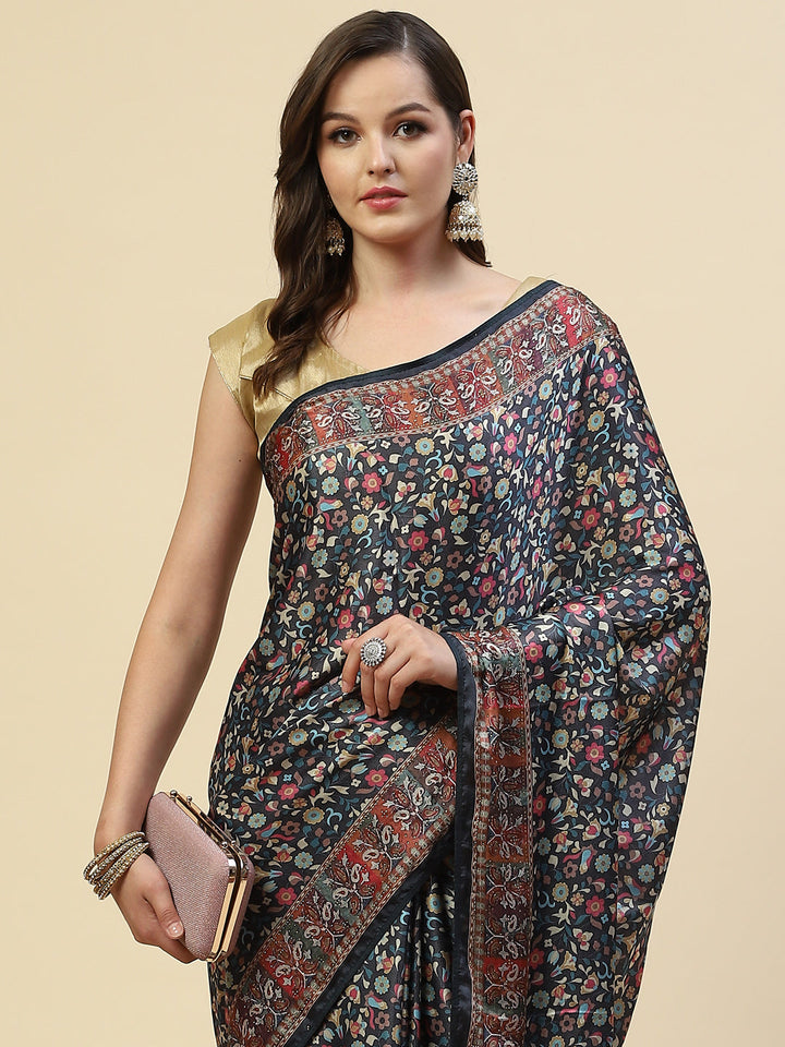 Floral Printed Satin Saree