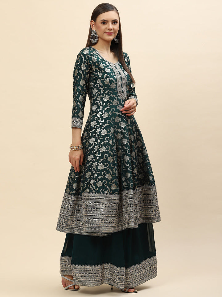 Resham Zari Embroidered Handloom Kurta With Palazzo &amp; Dupatta