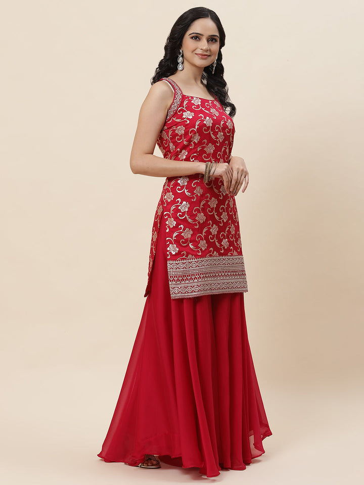 Floral Woven Georgette Kurta With Sharara &amp; Dupatta