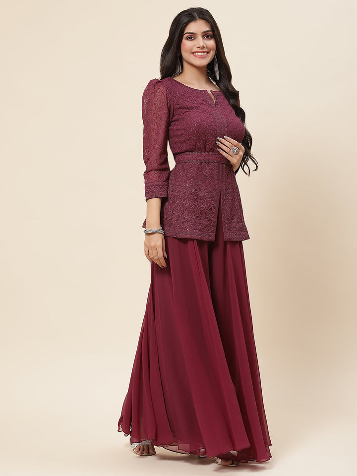 Resham Embroidered Georgette Kurti With Palazzo &amp; Dupatta