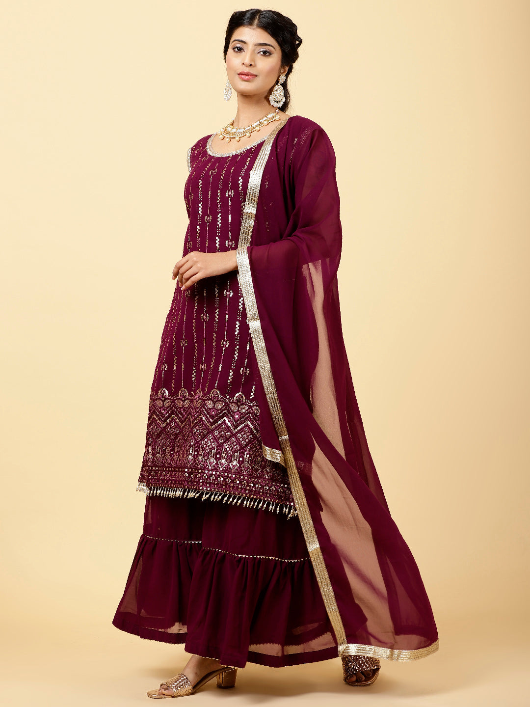 Sequen Georgette Kurta With Garara &amp; Dupatta