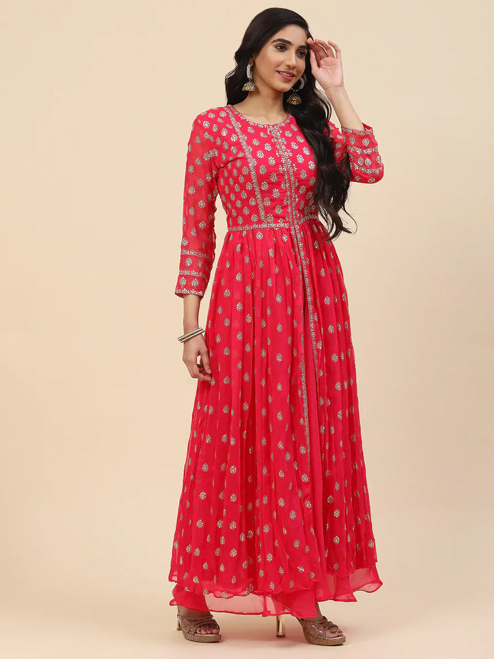 Sequin Embroidered Georgette Kurta With Sharara &amp; Dupatta