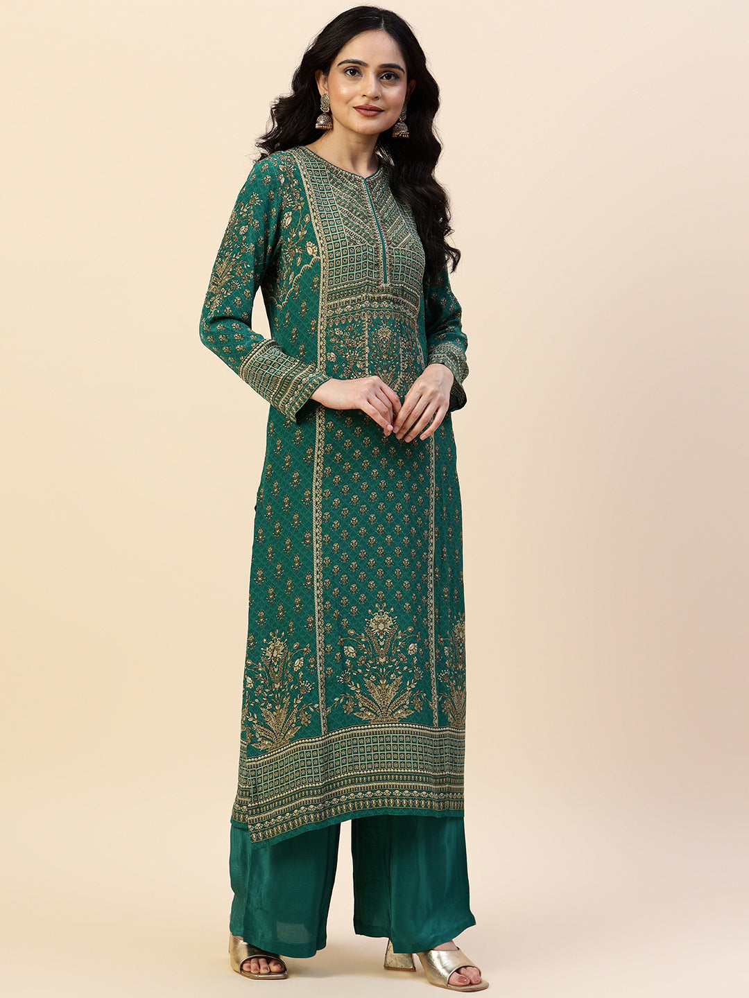 Digital Printed Crepe Kurta With Palazzo &amp; Dupatta