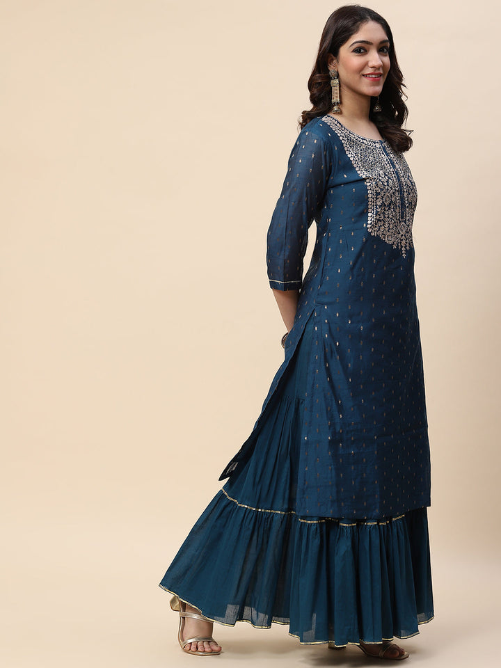 Neck Embroidered Woven Chanderi Kurta With Skirt