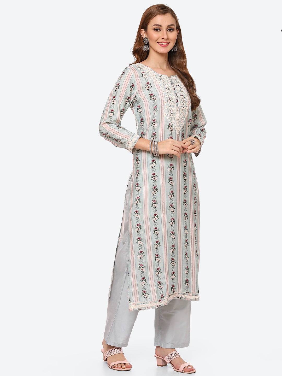 Resham Work Floral Printed Muslin Kurta With Pant