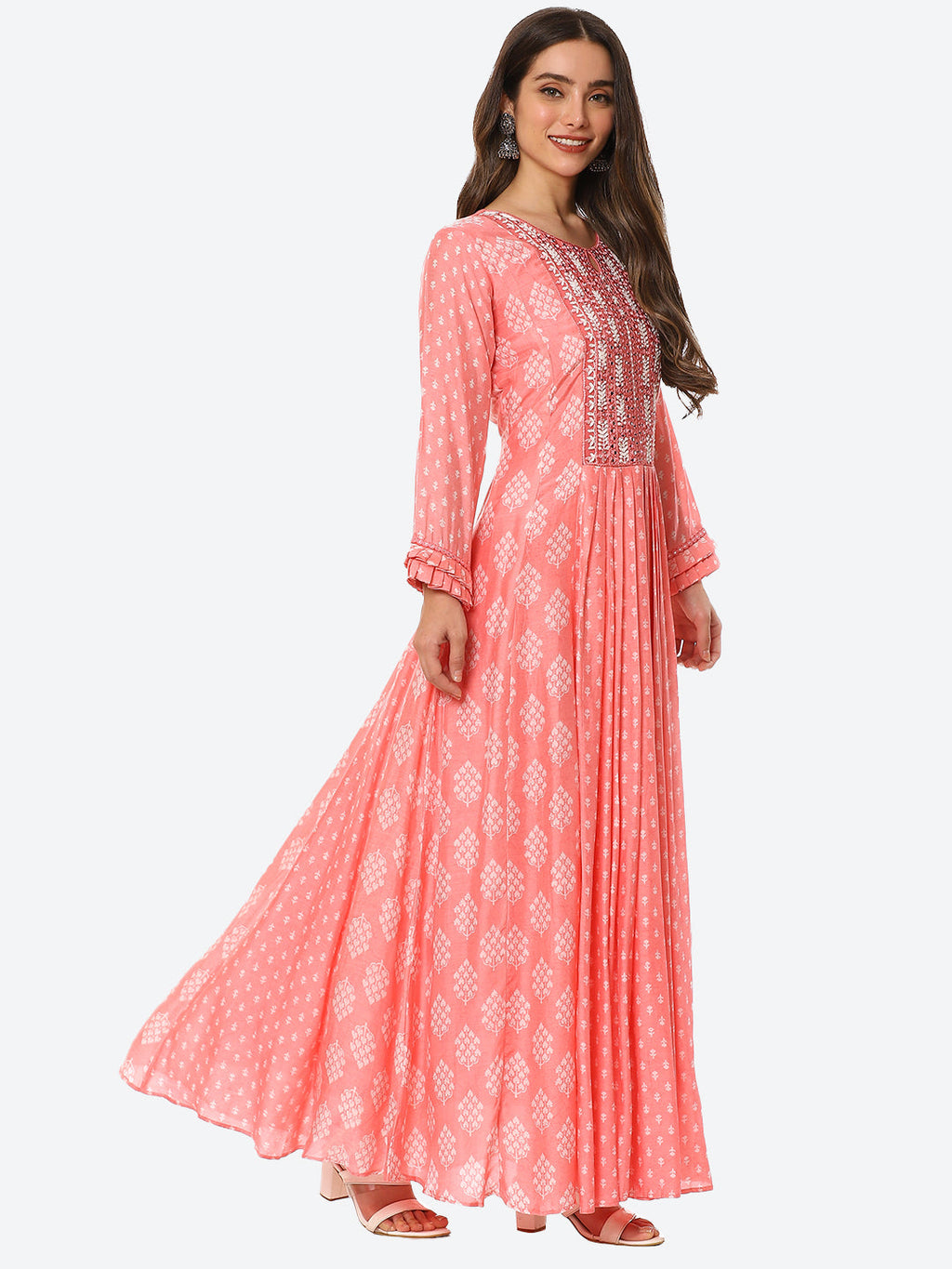 Mirror Neck Embroidered Printed Muslin Anarkali Kurta