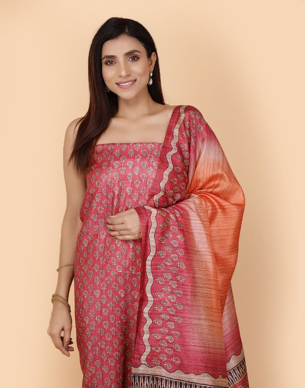 Printed Chanderi Suit Piece With Art Silk Dupatta