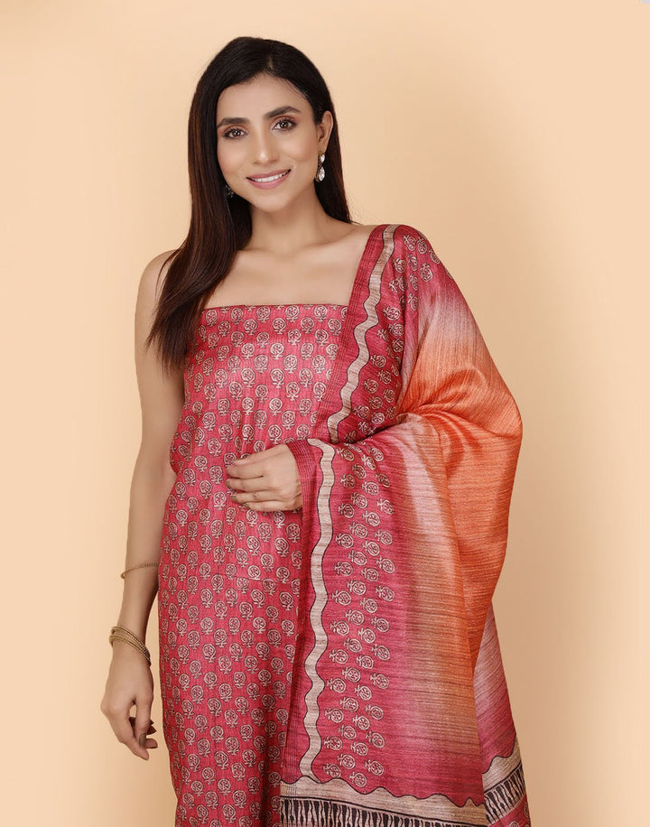 Printed Chanderi Suit Piece With Art Silk Dupatta